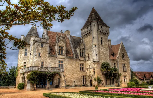 Picture the sky, clouds, trees, landscape, flowers, castle, Gothic, France