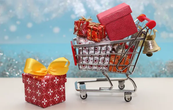Winter, snowflakes, kitty, holiday, basket, toy, Christmas, gifts