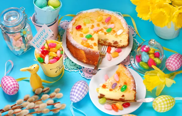 Picture eggs, Easter, cake, daffodils, serving