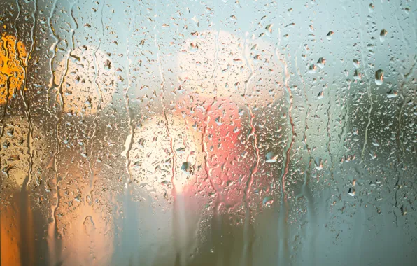 Glass, water, drops, light, rain, threads, bokeh