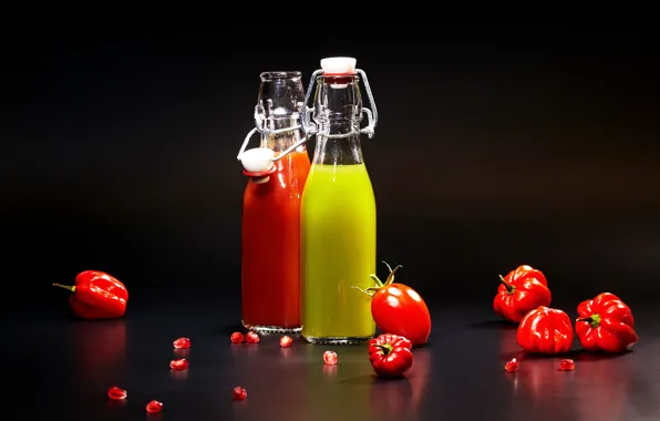 Background, bottle, juice, juice, pepper, tomatoes, background, tomatoes