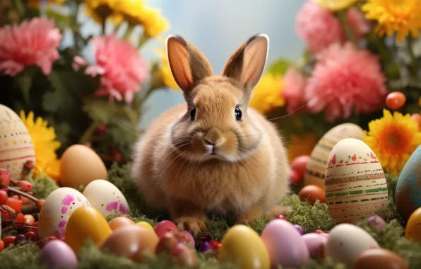 Look, light, flowers, nature, holiday, glade, hare, eggs