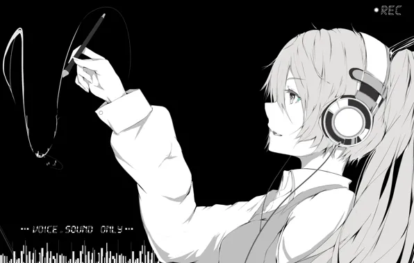 Girl, anime, headphones, art, vocaloid, hatsune miku, monochrome, marumoru