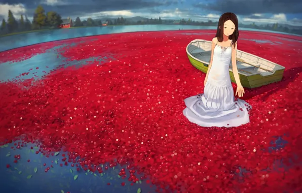 Water, girl, lake, berries, boat, anime, art, yoshida seiji