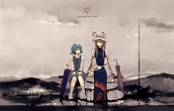 Picture mountains, nature, girls, umbrella, anime, art, touhou, strikingly is wait