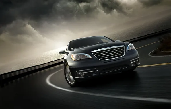Road, sea, water, clouds, speed, Chrysler, turn, 200