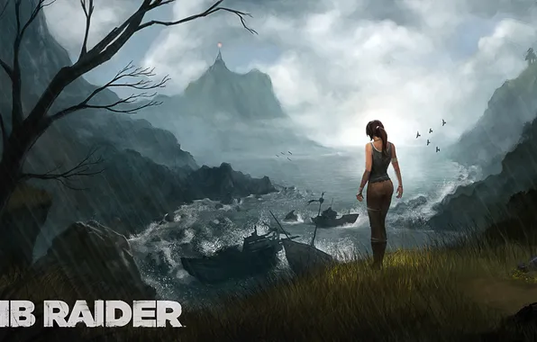 Girl, rain, rocks, art, Tomb Raider, Lara Croft, Lara Croft