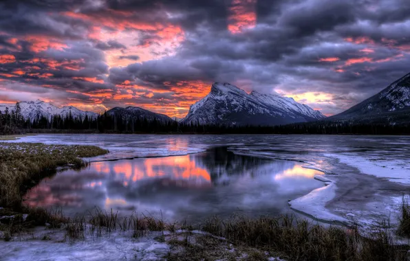 Landscape, sunset, mountains, lake