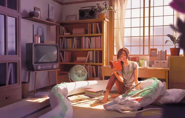Picture dragon, books, fan, TV, window, girl, on the bed, items