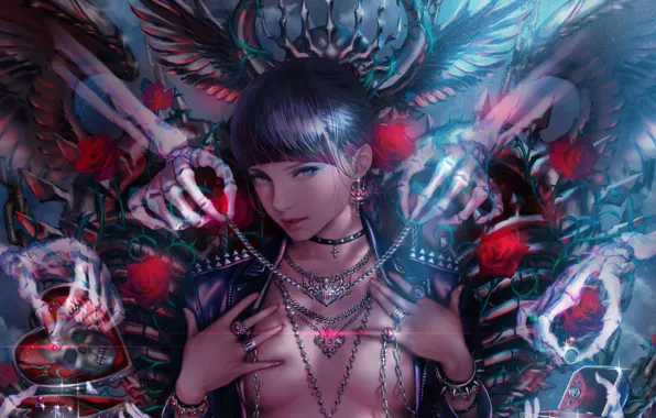Picture erotic, chest, look, girl, flowers, skull, roses, art