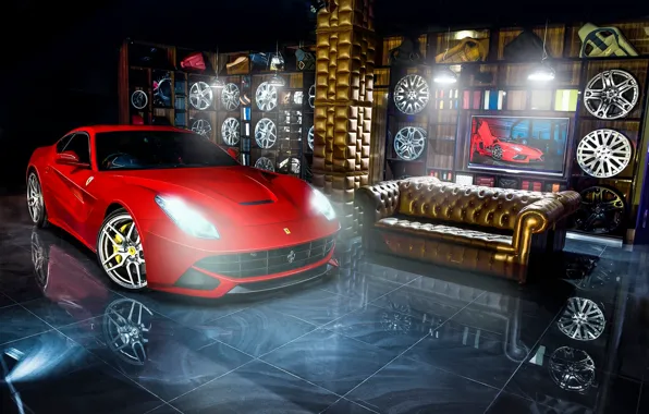 Red, reflection, sofa, Ferrari, red, Ferrari, drives, Berlinetta