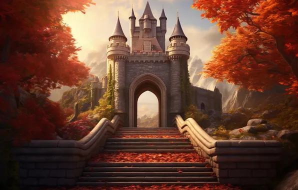 Autumn, trees, castle, branch, fantasy, the fence, ladder, arch