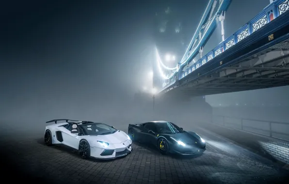 Lamborghini, Ferrari, 458, Bridge, Night, Aventador, Fog, GFWilliams Photographer