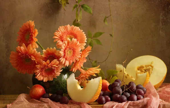 Flowers, berries, apples, grapes, fabric, vase, Board, fruit