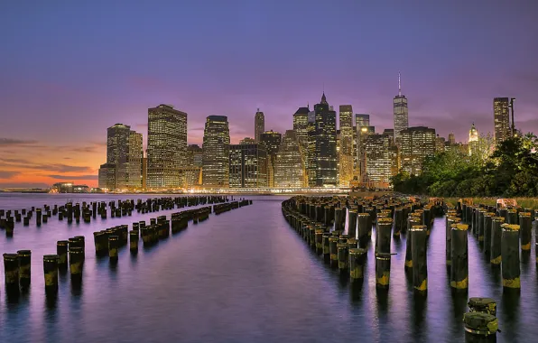 Picture the sky, sunset, the city, lights, river, shore, building, New York