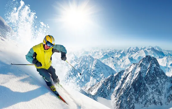 The sky, the sun, snow, landscape, mountains, nature, the descent, ski