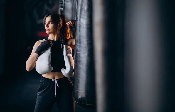 Picture woman, young, gym, training, boxer