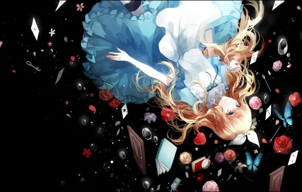 Picture card, girl, flowers, roses, anime, drop, art, Alice