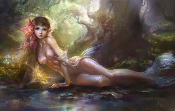 Flower, chest, girl, trees, nature, river, mermaid, art
