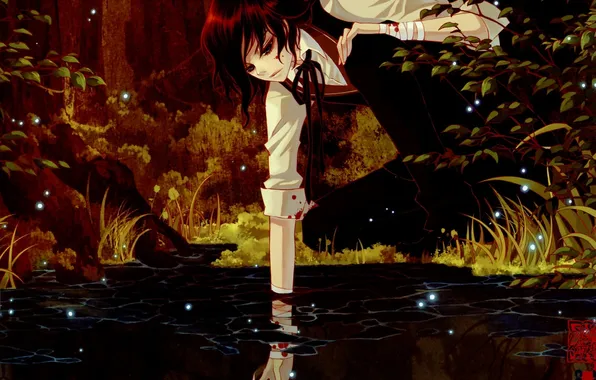 Picture forest, water, trees, nature, lake, blood, anime, art