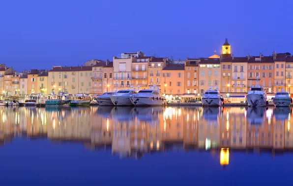 Sea, night, lights, France, home, pier, Provence-Alpes-Cote d'azur, Saint-Tropez