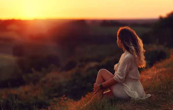 Picture girl, sunset, nature, sitting
