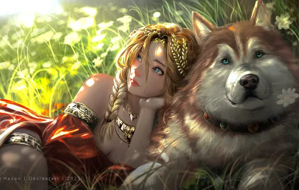 Picture girl, fantasy, cleavage, dress, field, dog, blue eyes, flowers