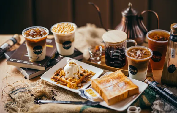Picture ice, coffee, ice cream, waffles, cuts, toast