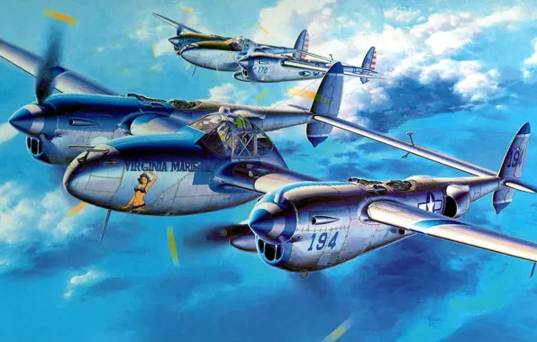 Picture war, art, airplane, painting, aviation, Lockheed P-38 Lightning, ww2