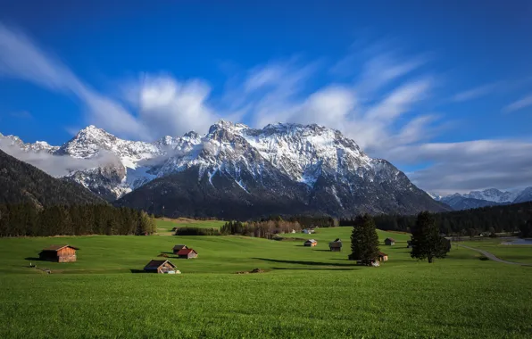 Picture the sky, grass, trees, mountains, home, valley, Alps