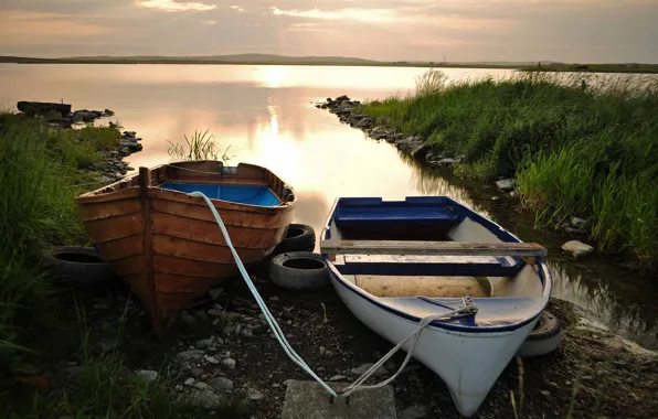 Picture clouds, sunset, lake, boats, the evening