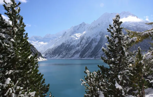 Picture winter, the sky, clouds, snow, trees, mountains, nature, lake