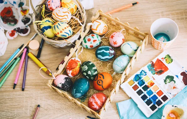 Childhood, glass, table, patterns, paint, paint, eggs, baby