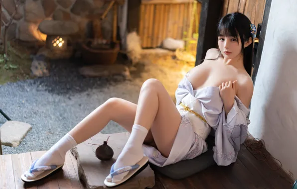 Yukata, Asian, boobs, model, women, socks, no bra, white socks