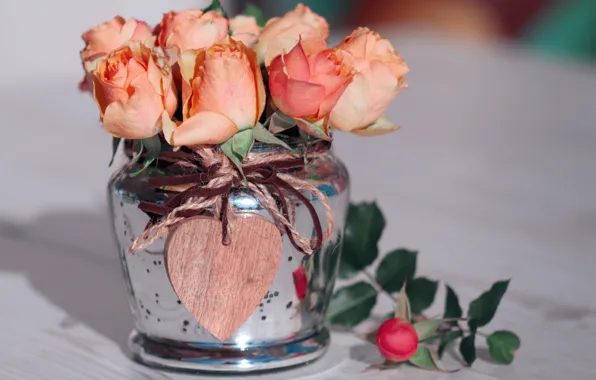 Glass, flowers, heart, roses, bouquet, Bank, orange, buds
