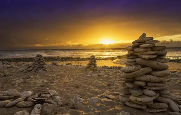 Sea, landscape, sunset, stones