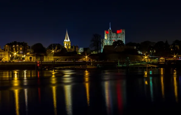 Night, lights, river, castle, England, pier, promenade, Rochester