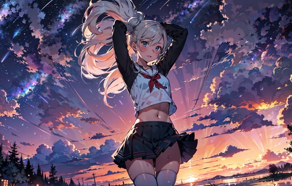 White hair, mini skirt, pretty woman, crop top, Ann Takamaki, anime illustration, closeup portrait