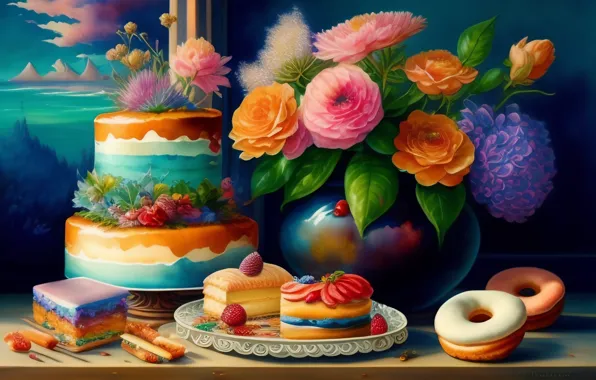 Flowers, table, bouquet, cookies, art, sweets, cake, vase