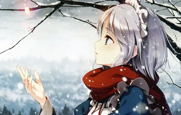 Winter, girl, snow, tree, petals, scarf, art, touhou