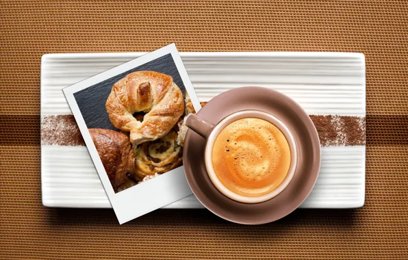 Coffee, Cup, photos, drink, cappuccino, the view from the top, croissant