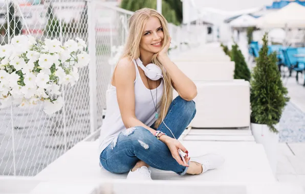 Picture girl, flowers, music, headphones, blonde, Petunia