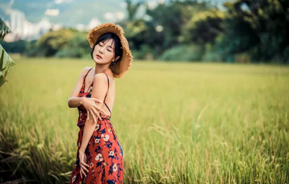 Girl, pose, hat, dress, Asian, bokeh