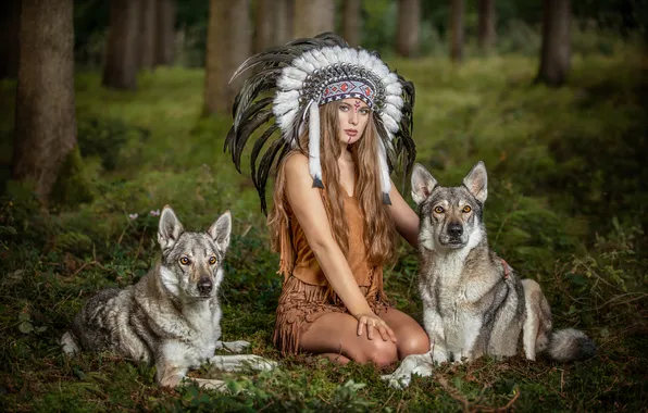 Forest, dogs, girl, pose, feathers, fantasy, wolves, headdress