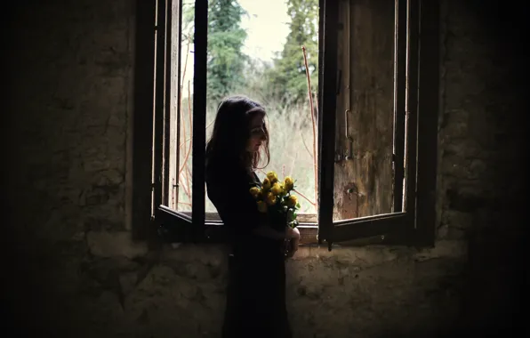 Picture girl, flowers, window
