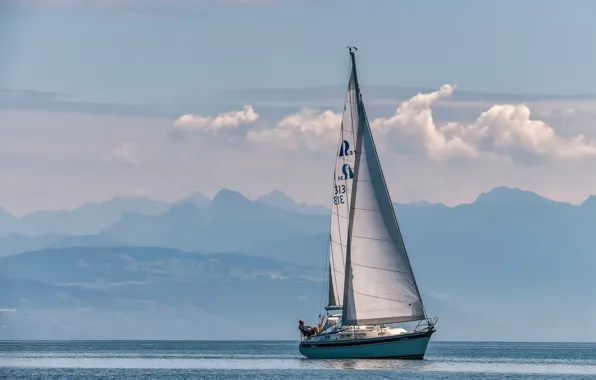 Mountains, lake, yacht, Switzerland, Alps, Lake Geneva