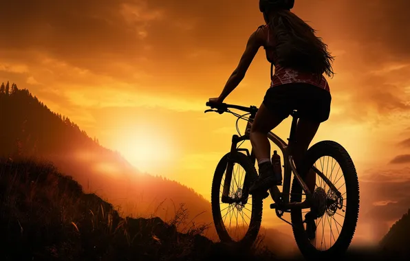 The sky, girl, the sun, clouds, rays, light, sunset, mountains