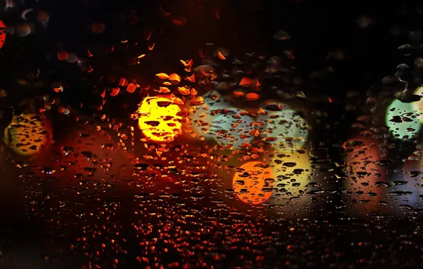 Picture glass, water, drops, macro, lights, background, rain, widescreen