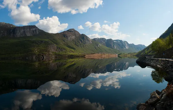 Road, greens, grass, clouds, trees, mountains, lake, reflection