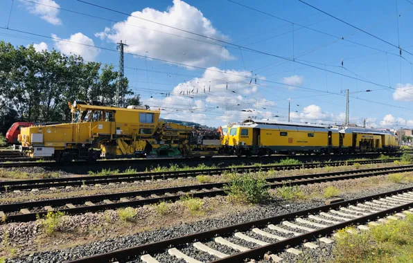 The sky, Yellow, Locomotive, Train, Railroad, Rails